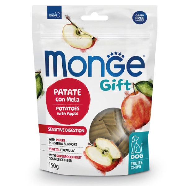 Monge Snack Fruits Sensitive Digestion Chips pour chiens adultes : pommes de terre et pomme, 150 g