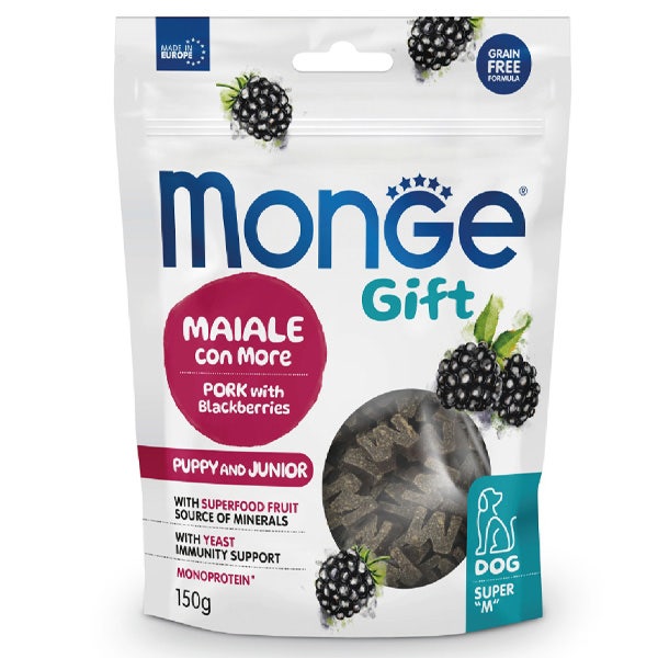 Monge Snack Super M Croissance Chips pour chiens chiots/jeunes chiens au porc et aux mûres 150 g