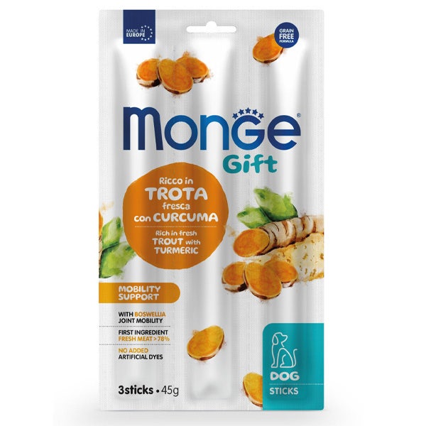 Monge Sticks Mobility Support pour chiens adultes : truite fraîche au curcuma, 45 g