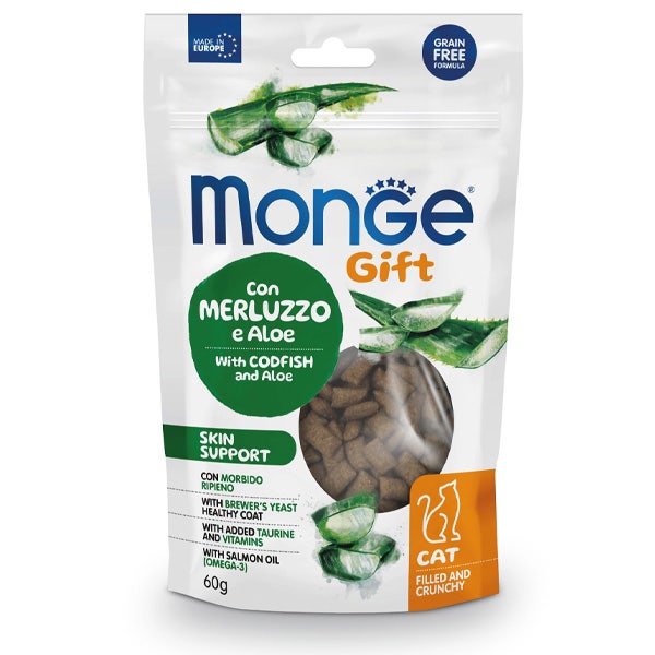 Monge Filled And Crunchy Skin Support Snack pour chats, morue et aloès, 60 g