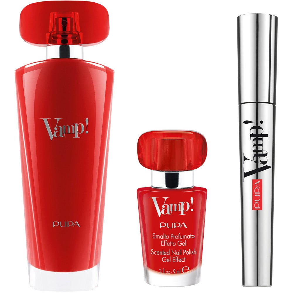 Kit Pupa Vamp Red Eau de Parfum 50 ml + Mascara 9 ml + Vernis à ongles parfumé effet gel 9 ml