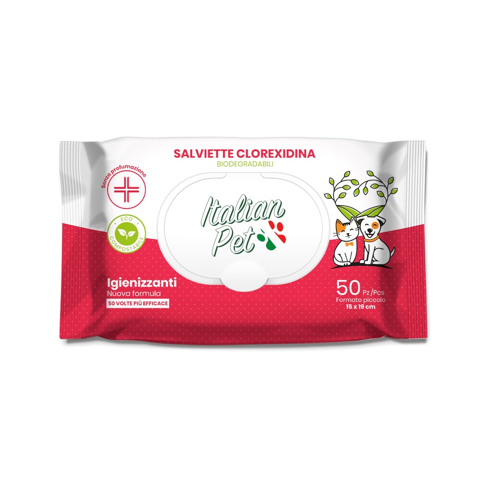 Lingettes biodégradables Italian Pet à la chlorhexidine pour chiens/chats 15 x 19 cm, 50 pièces