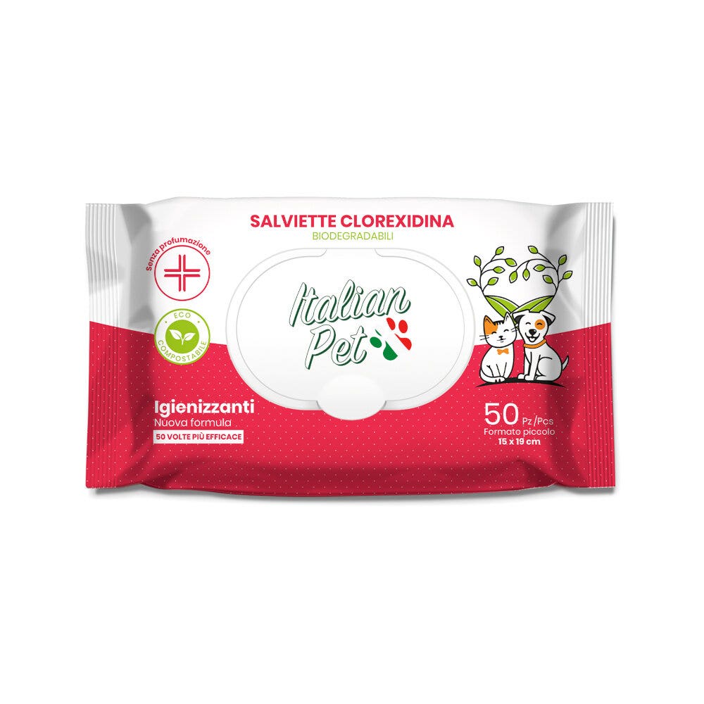 Lingettes biodégradables Italian Pet à la chlorhexidine pour chiens/chats 15 x 19 cm, 50 pièces