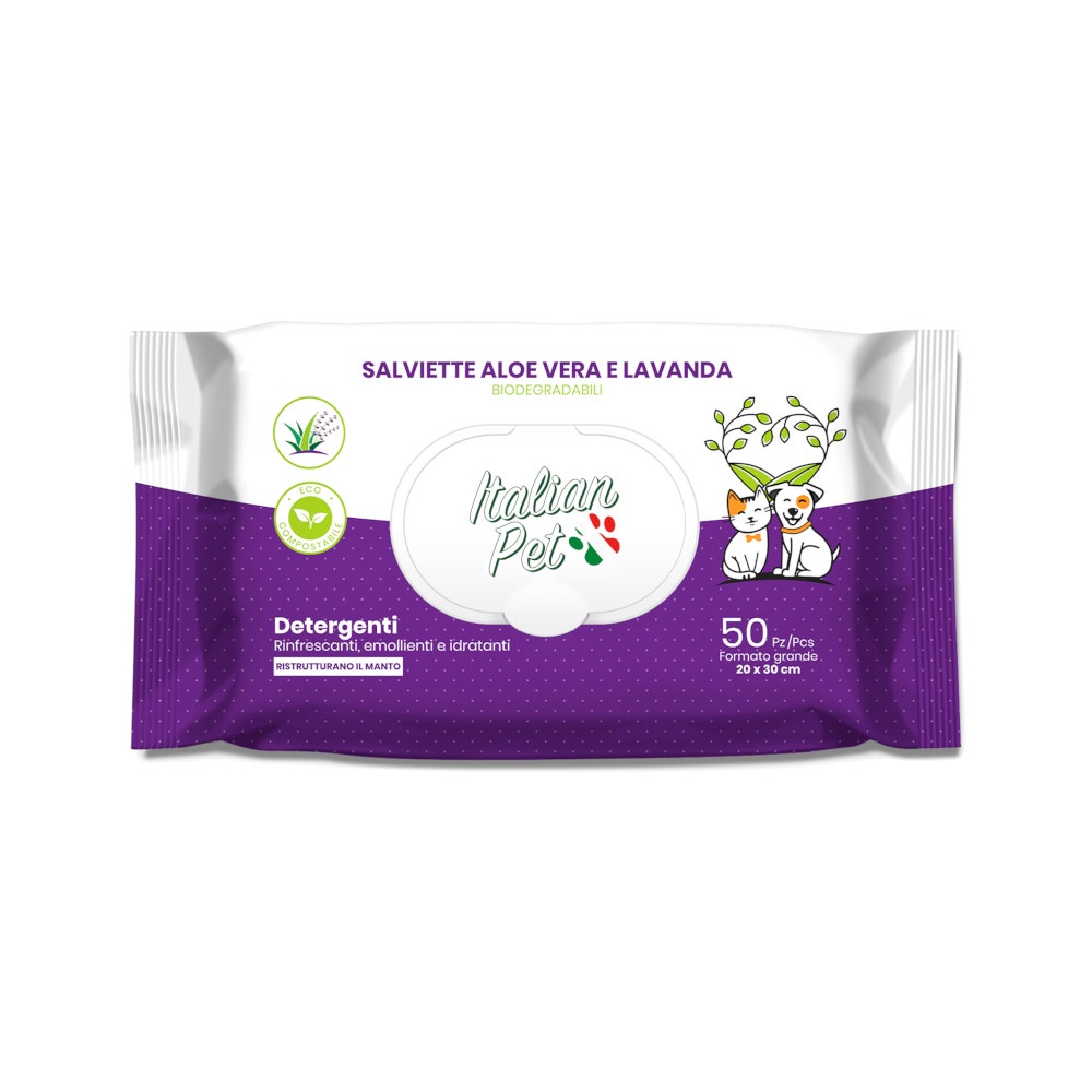Lingettes biodégradables Italian Pet à l'aloe vera/lavande pour chiens/chats 20 x 30 cm, 50 pièces