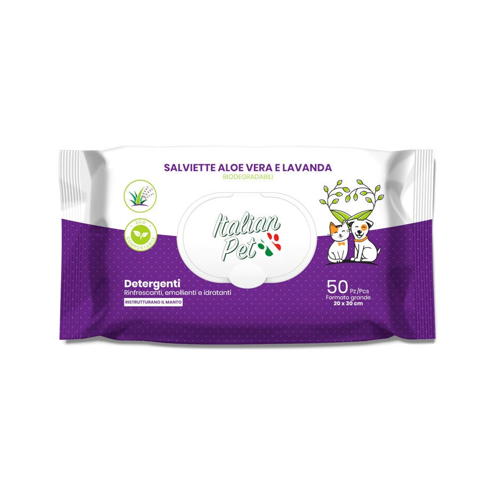 Lingettes biodégradables Italian Pet à l'aloe vera/lavande pour chiens/chats 20 x 30 cm, 50 pièces