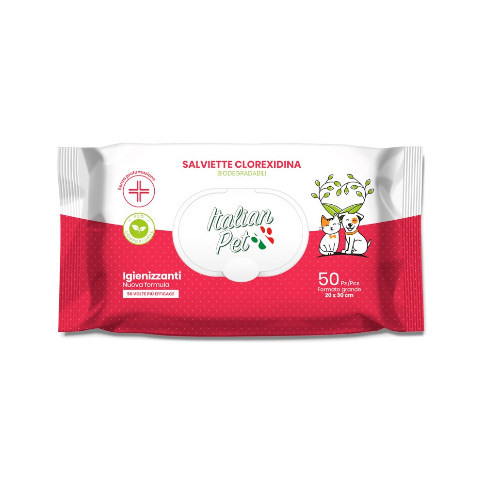 Lingettes biodégradables à la chlorhexidine Italian Pet pour chiens/chats 20 x 30 cm, 50 pièces