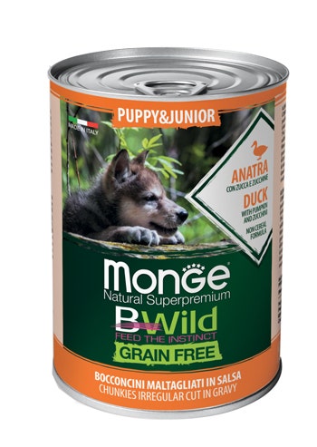 Monge B Wild Grain Free All Breeds au canard, potiron et courgettes, nourriture humide pour chiots, boîte de 400 g