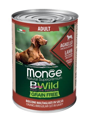 Monge Natural Super Premium Bwild Grain Free Formula All Breeds Saveur Agneau, Potiron et Courgettes Nourriture humide pour chiens adultes Boîte de 400 g