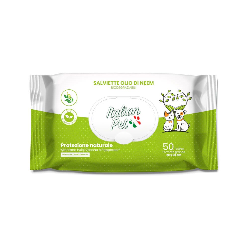 Lingettes biodégradables Italian Pet à l'huile de neem pour chiens/chats 20 x 30 cm, 50 pièces