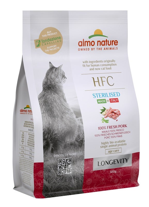Almo Nature HFC Longevity Croquettes au porc pour chats adultes stérilisés, sac de 300 g