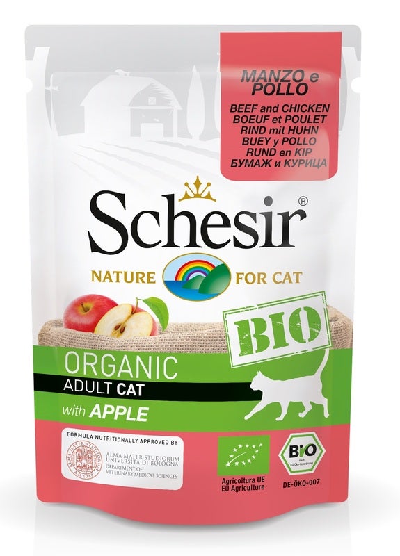 Schesir Organic Bio Pâté au bœuf, au poulet et à la pomme pour chats adultes, sachet de 85 g