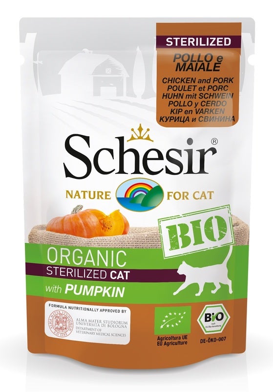Schesir Organic Bio Pâté au poulet et au porc avec potiron pour chats adultes, sachet de 85 g