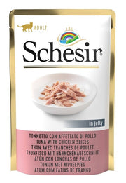 Schesir Thon avec tranches de poulet en gelée, nourriture humide pour chats adultes, sachet de 85 g