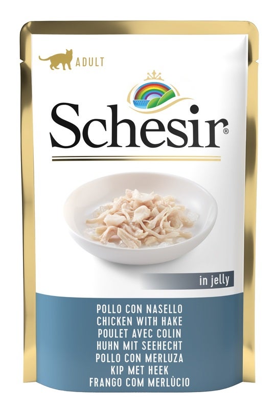 Schesir Poulet et nasello en gelée, nourriture humide pour chats adultes, sachet de 85 g