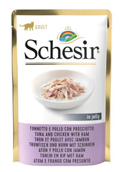 Schesir Thon et poulet au jambon en gelée - Nourriture humide pour chats adultes - Sachet de 85 g