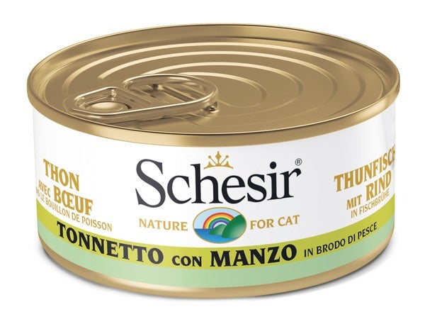 Schesir Tonnetto Con Manzo In Brodo Di Pesce Cibo Umido Gatti Adulti Lattina 70g
