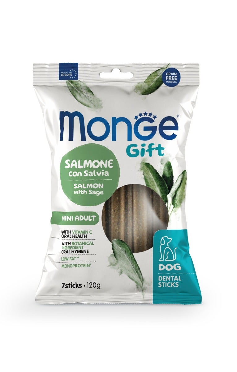 Monge Bâtonnets dentaires au saumon et à la sauge pour chiens mini-adultes 120 g