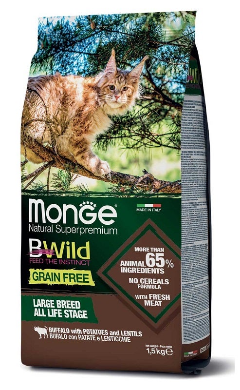 Monge B Wild Grain Free All Life Stage Large Breed au buffle, pommes de terre et lentilles, croquettes pour chats, sac de 1,5 kg