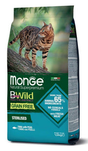 Monge B Wild Grain Free Sterilised au thon et aux petits pois, croquettes pour chats stérilisés, sac de 1,5 kg