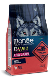 Monge B Wild Low Grain All Breeds au cerf, croquettes pour chiens adultes, sac de 2,5 kg