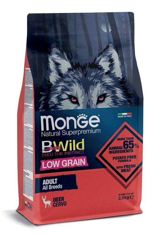 Monge B Wild Low Grain All Breeds au cerf, croquettes pour chiens adultes, sac de 2,5 kg