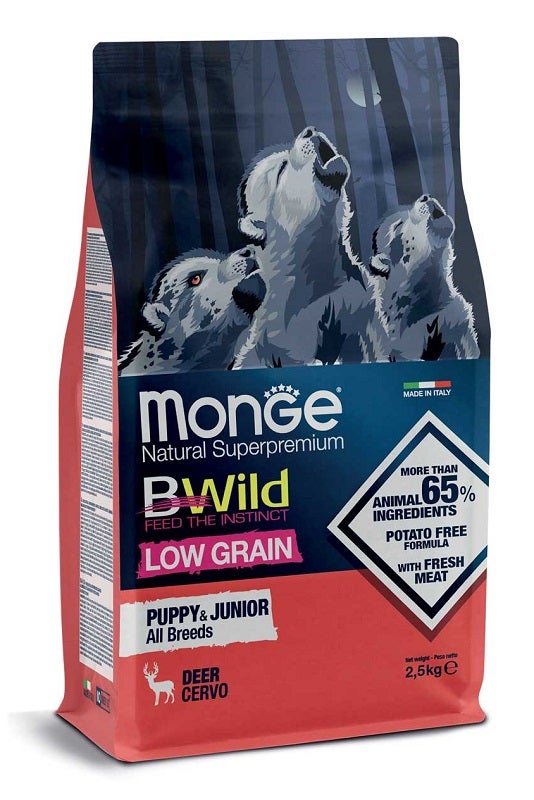 Monge B Wild Low Grain All Breeds au cerf, croquettes pour chiots, sac de 2,5 kg
