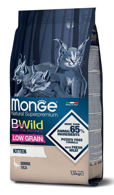 Monge B Wild Low Grain à l'oie, croquettes pour chatons, sac de 1,5 kg