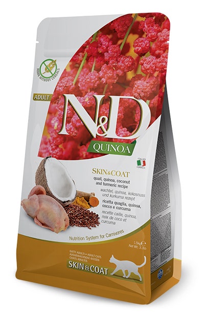 Farmina Natural & Delicious Quinoa Skin & Coat Caille sans céréales pour chats adultes 5 kg