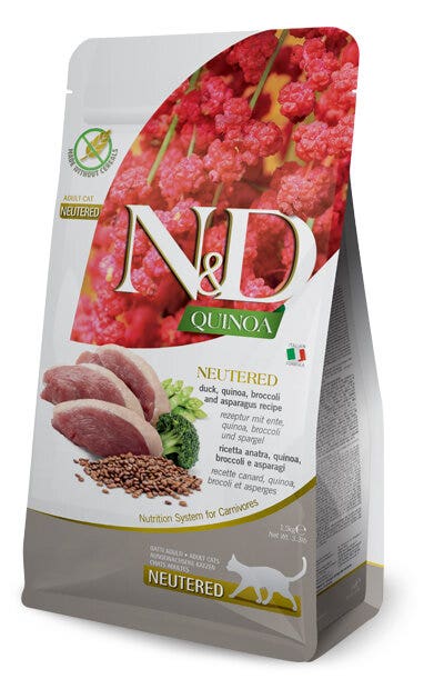 Farmina Natural & Delicious Quinoa Neutered Canard, Brocoli et Asperges Sans Céréales pour Chats Adultes 300 g