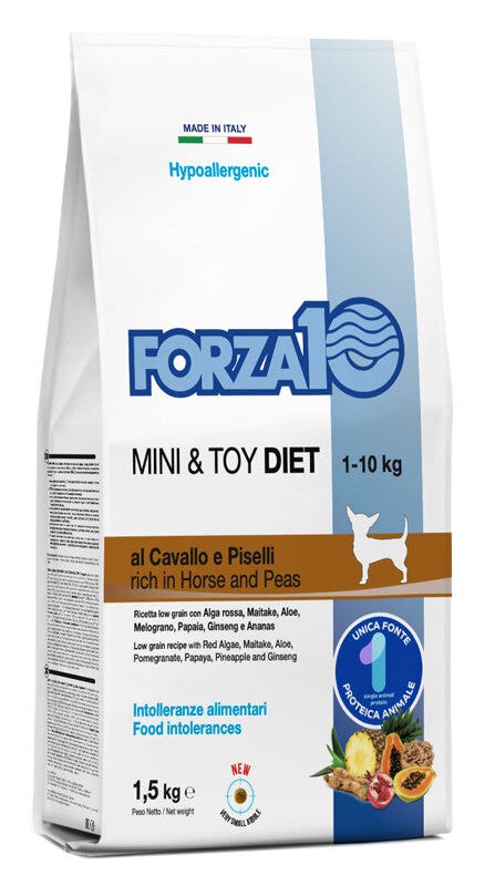 Forza10 Mini Toy Diet Croquettes au cheval et aux petits pois pour chiens de petite taille, sac de 1,5 kg