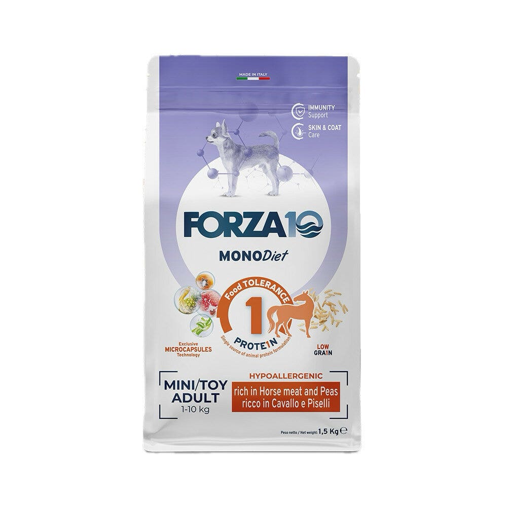 Forza10 Mini Toy Diet Croquettes au cheval et aux petits pois pour chiens de petite taille, sac de 1,5 kg