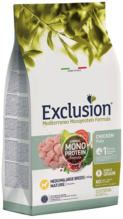 Dorado Exclusion Mediterraneo Monoprotein Noble Grain Mature Medium & Large Breed au poulet, croquettes pour chiens 12 kg