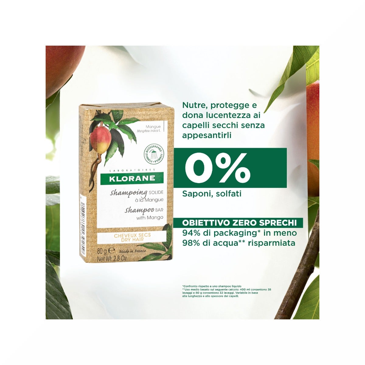 Klorane Shampooing Solide à la Mangue pour Cheveux Secs 80 g