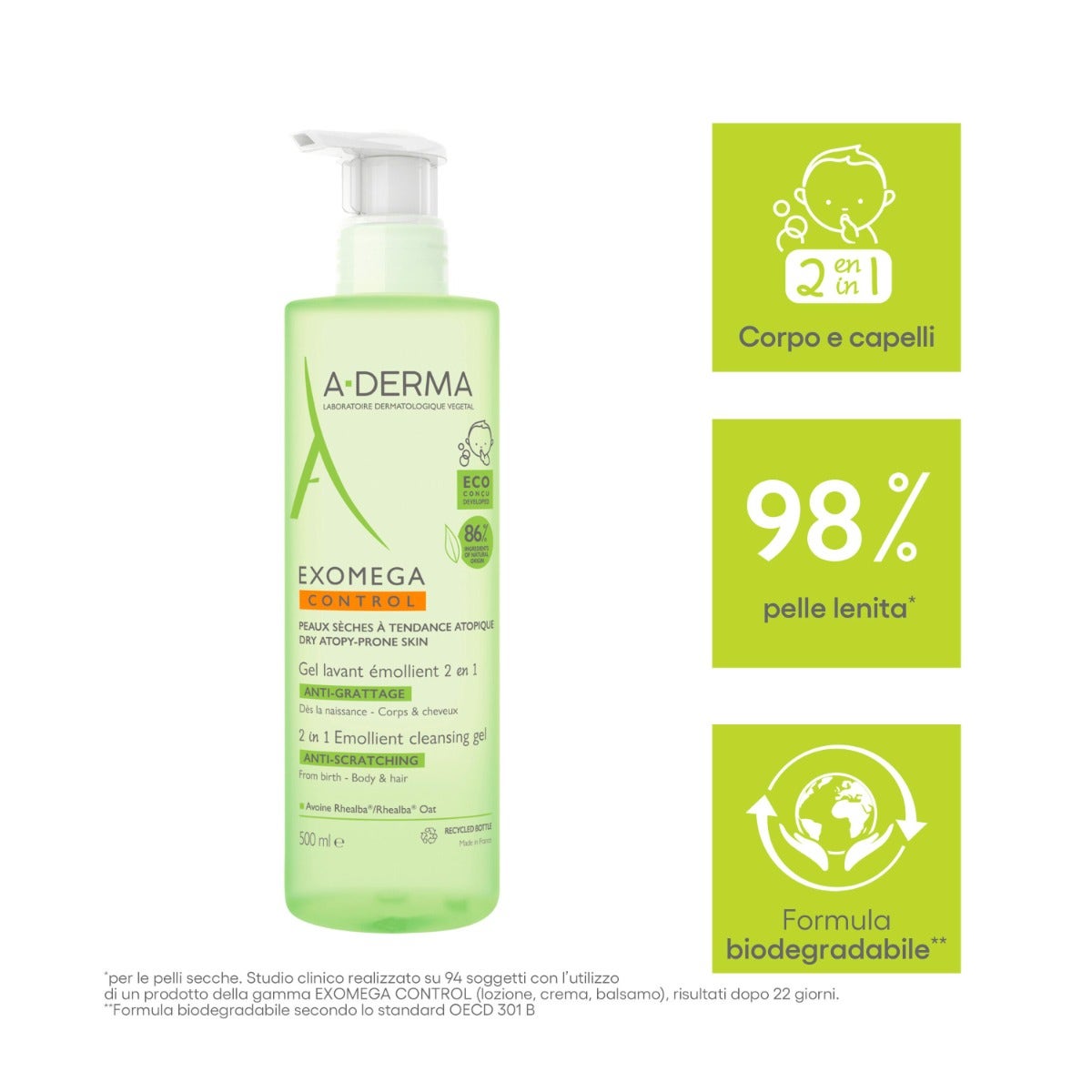 A-Derma Exomega Control Gel Nettoyant Émollient 2 en 1 500 ml