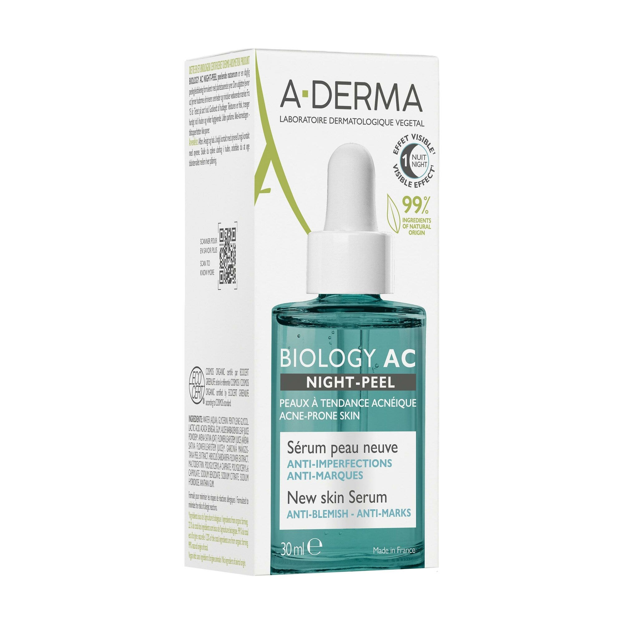 A-Derma Biology Ac Night-Peel Sérum Anti-imperfections Anti-Marques Résiduelles 30 ml