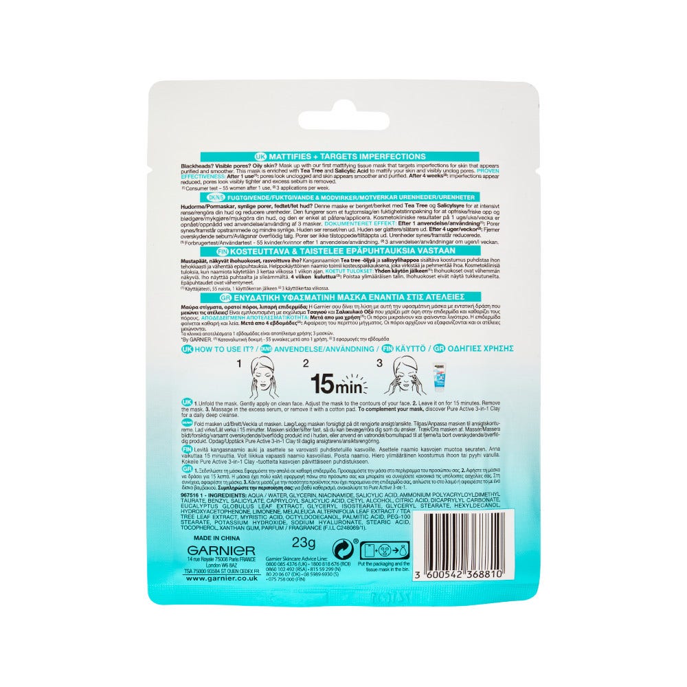 Garnier Pure Active Maschera In Tessuto Arricchita Con Acido Salicilico 23g