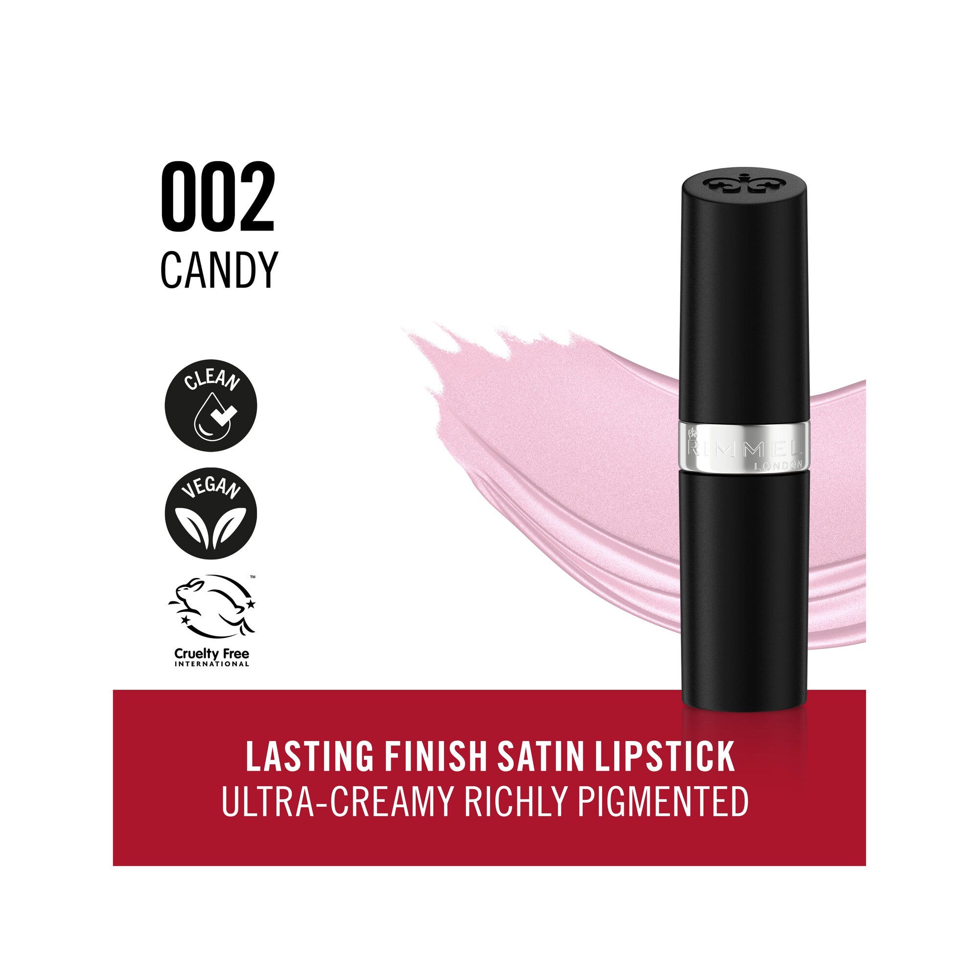 Rimmel Lasting Finish Rossetto Satinato Idratante Formula Vegana 4g 002 Candy
