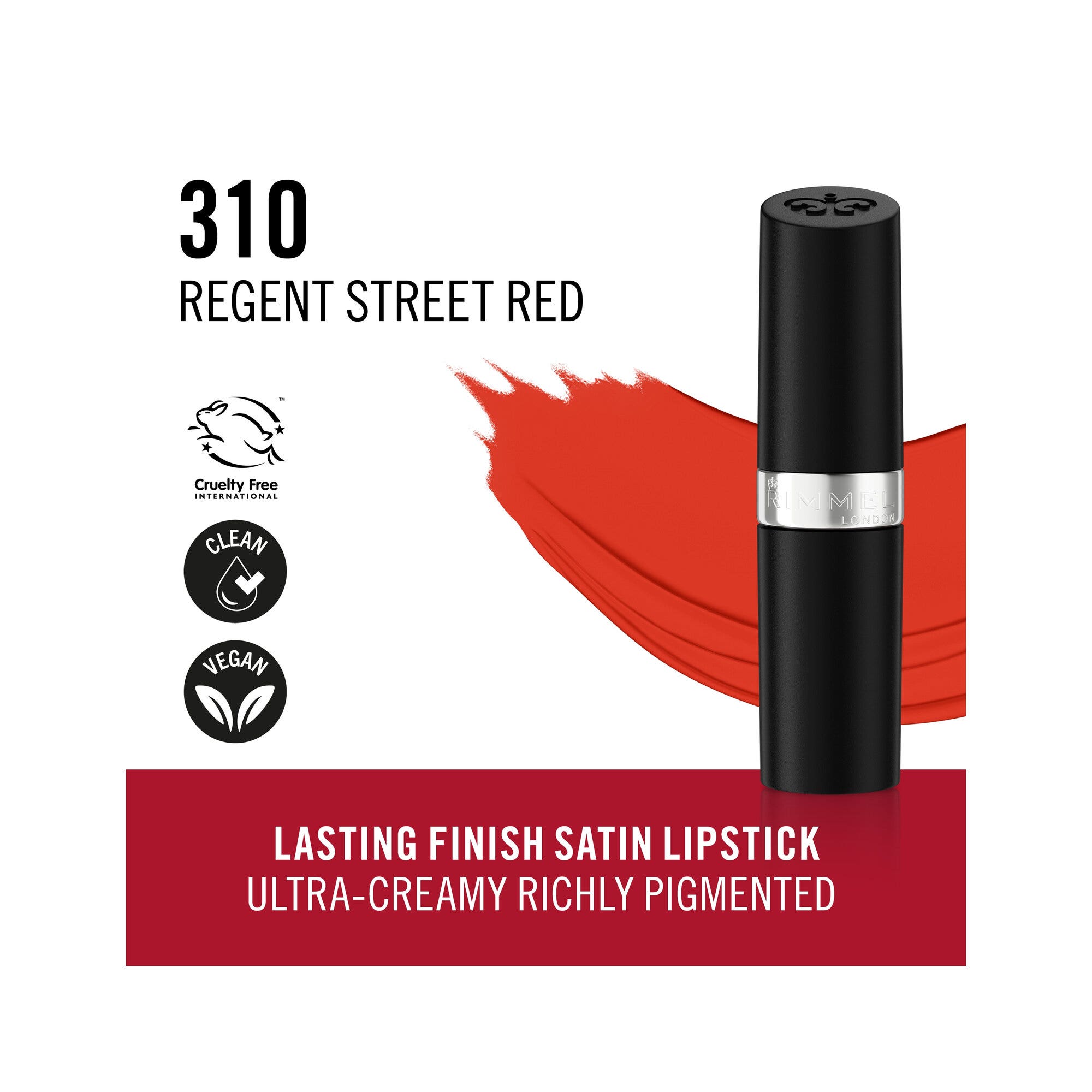 Rimmel Lasting Finish Rouge à lèvres satiné hydratant, formule vegan, 4 g, 310 Regent Street Red