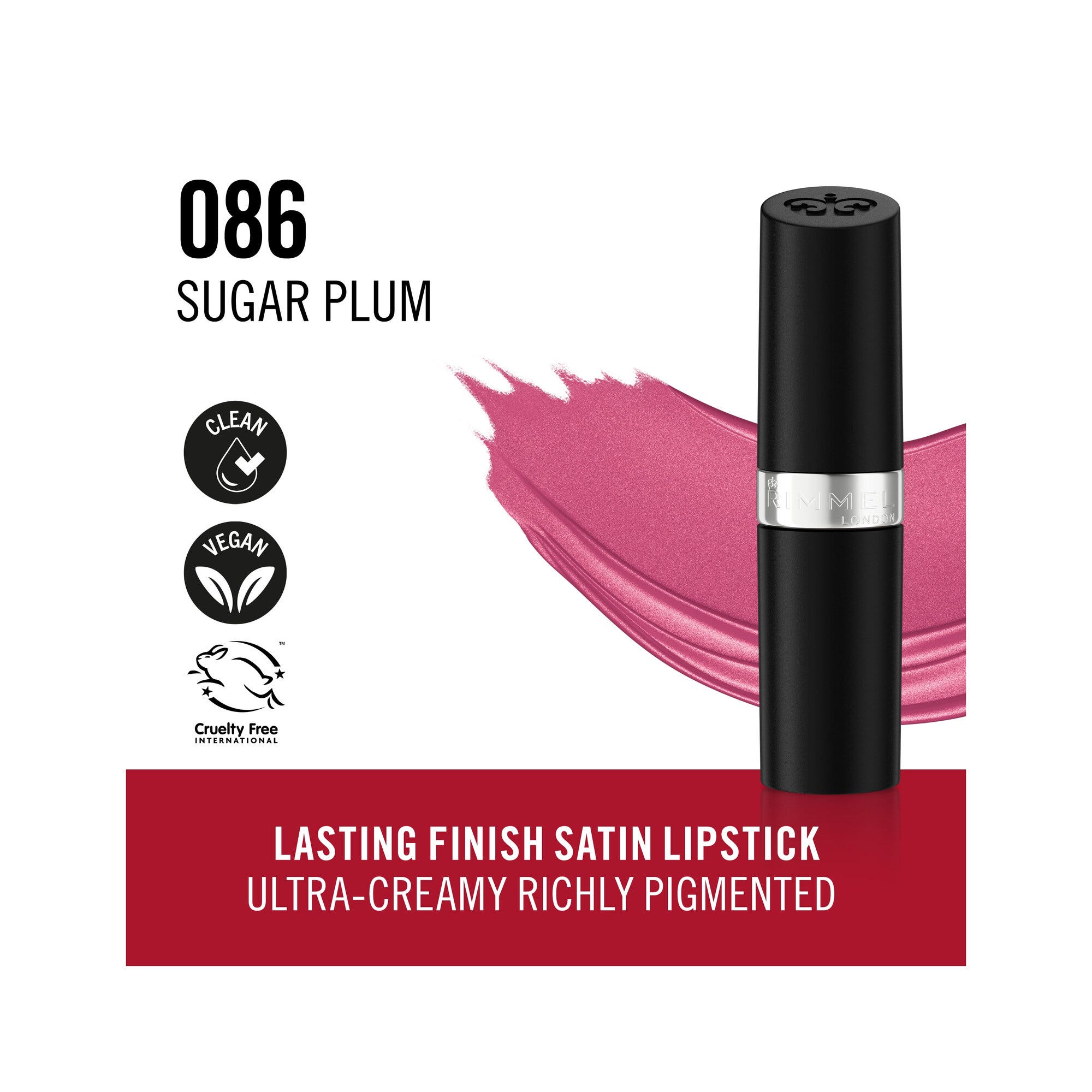 Rimmel Lasting Finish Rouge à lèvres satiné hydratant, formule vegan, 4 g, 086 Sugar Plum