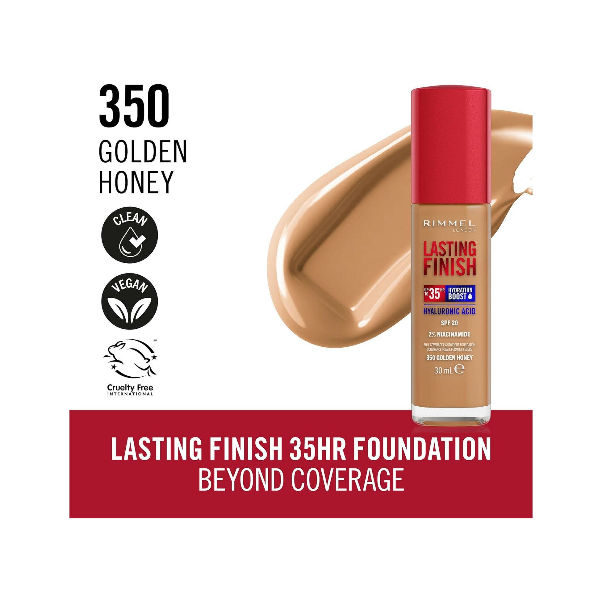 Rimmel Fond de teint Lasting Finish 35h à l'acide hyaluronique 350 Golden Honey 30 ml
