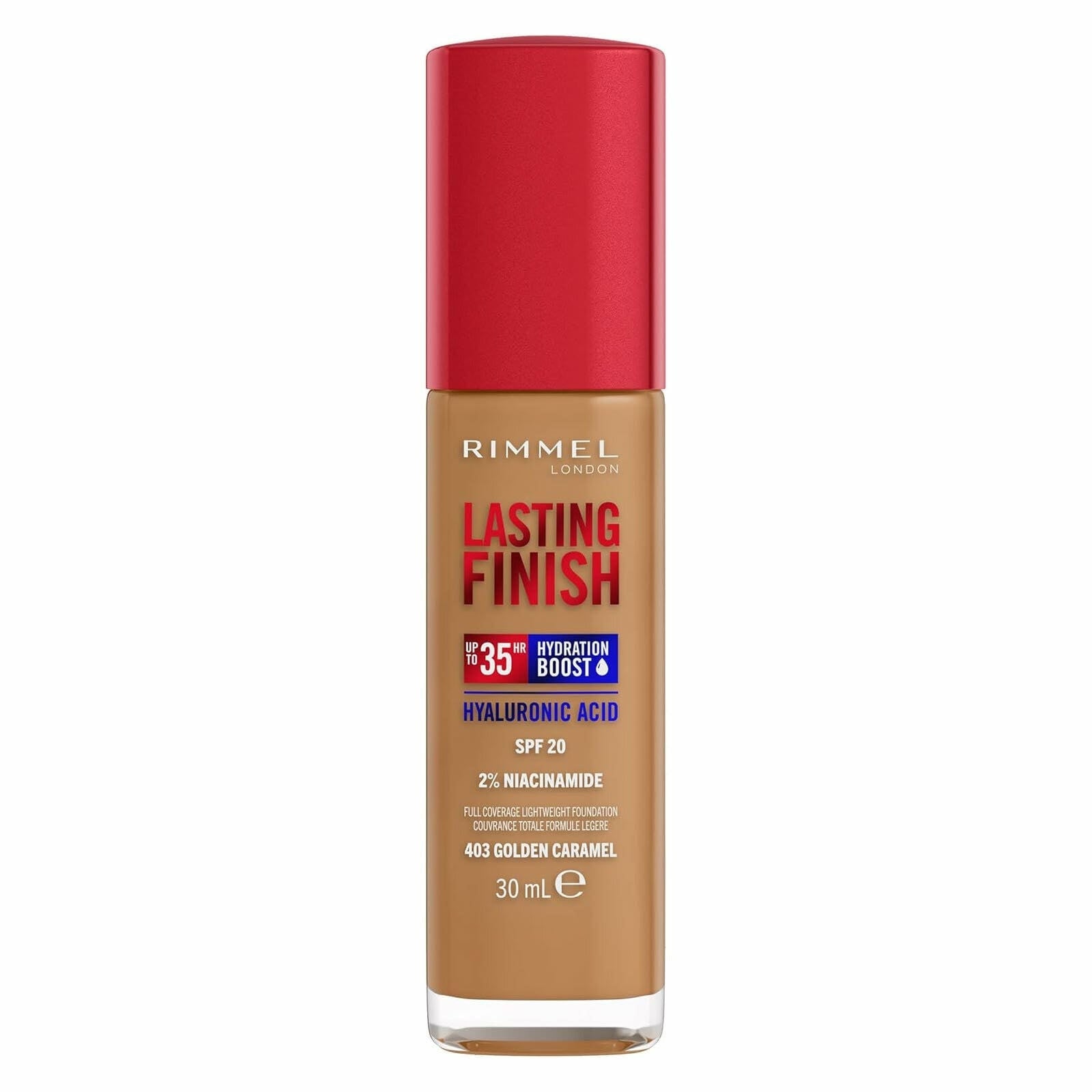 Fond de teint Rimmel Lasting Finish 35h à l'acide hyaluronique 403 Golden Caramel 30 ml