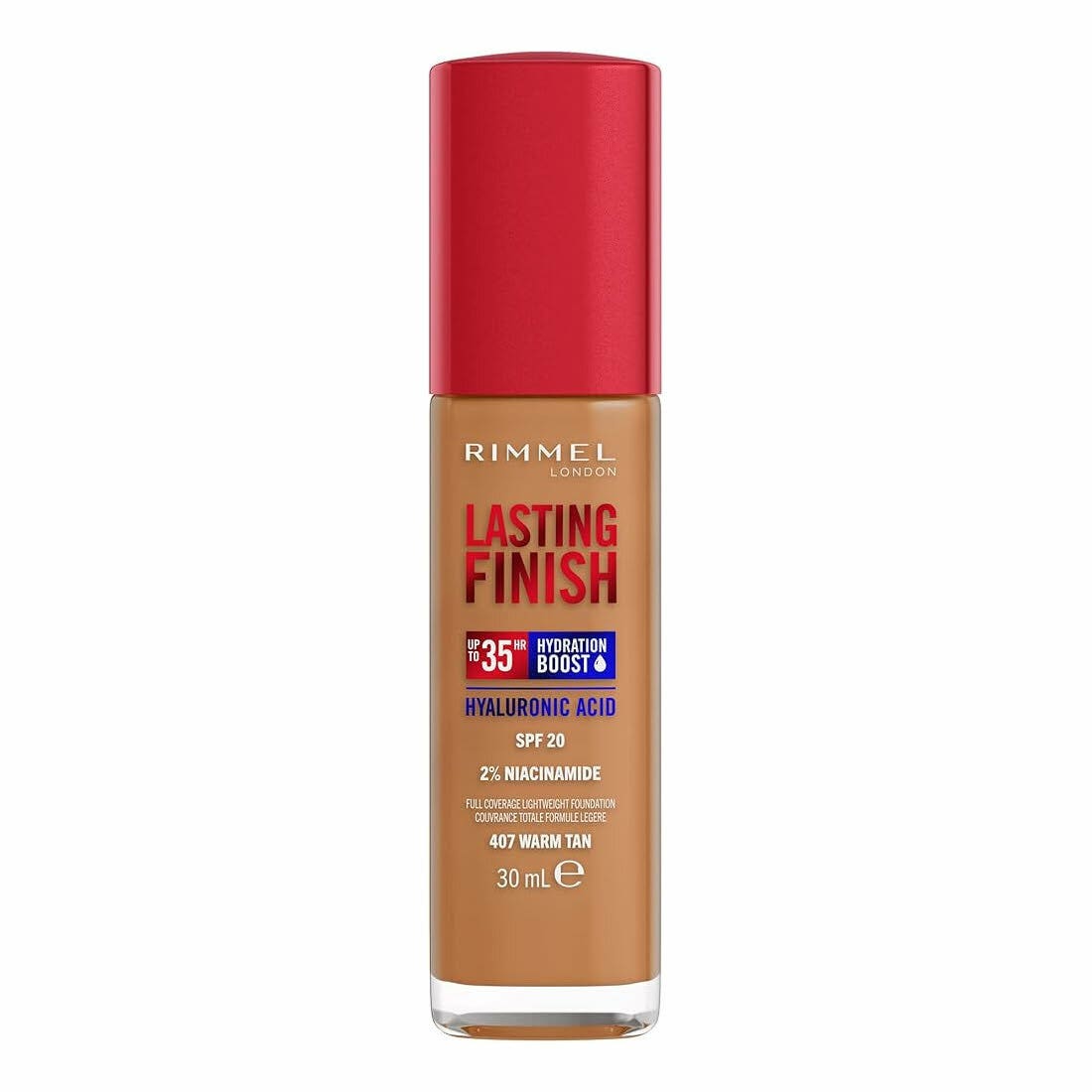 Fond de teint Rimmel Lasting Finish 35h à l'acide hyaluronique 407 Warm Tan 30 ml