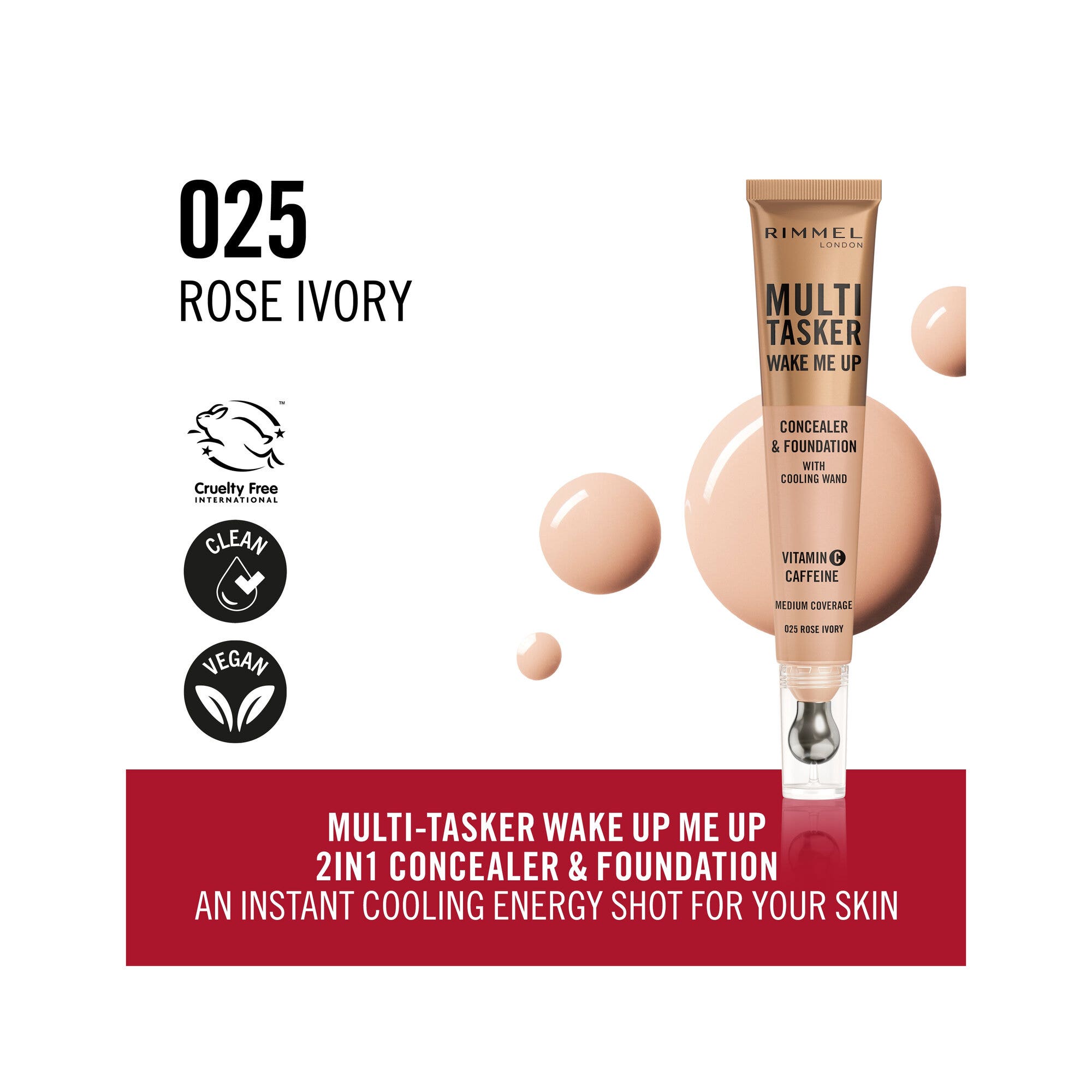 Rimmel Multi-tasker Wake Me Up Correcteur & Fond de teint Formule Végétalienne 25 Rose Ivory 20 ml