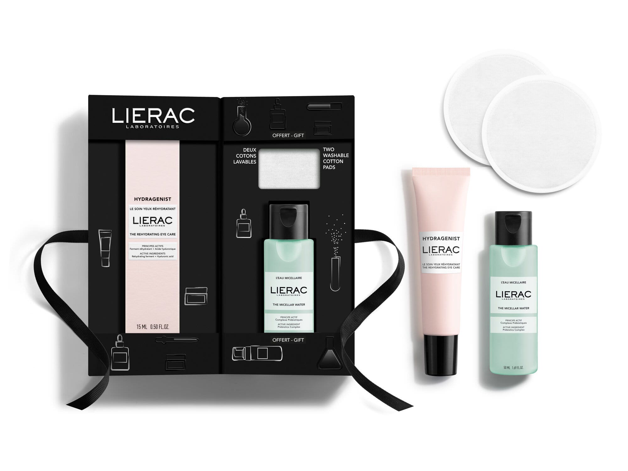 Lierac Coffret Hydragenist Soin des Yeux 15 ml + Eau Micellaire 50 ml + Disques Démaquillants Lavables