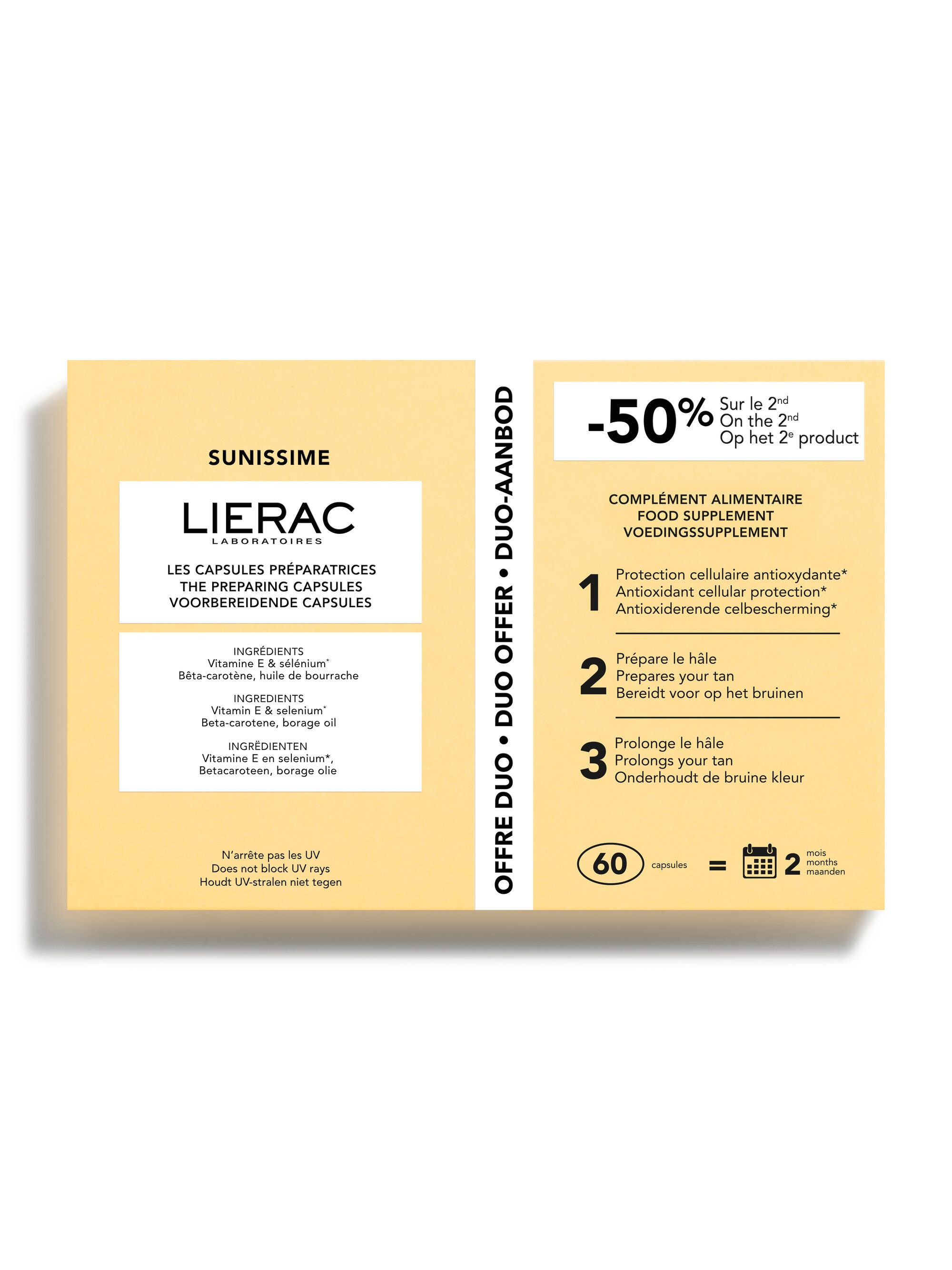 Lierac Sunissime Duo de capsules préparatoires, complément alimentaire pour la peau exposée au soleil, 60 capsules