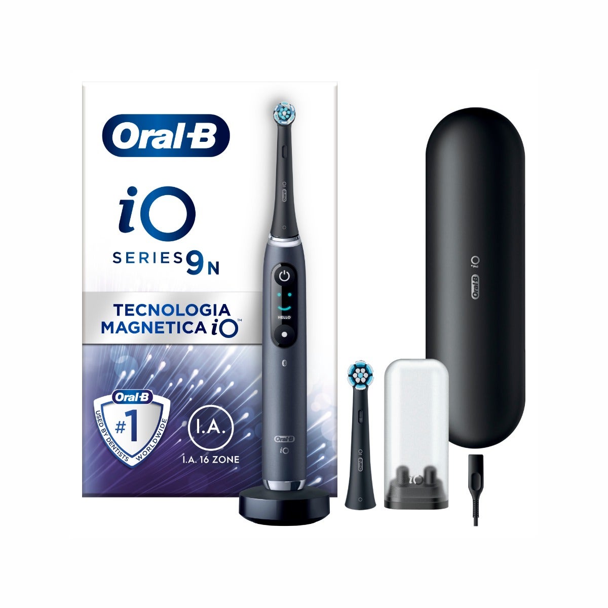 Oral-B Brosse à dents électrique rechargeable iO 9N Noir, 2 têtes, 1 étui de voyage rechargeable, 1 brosse à dents