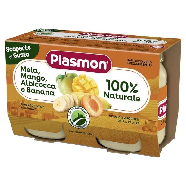 Plasmon Omogeneizzato Scoperte Di Gusto Mela, Mango, Albicocca e Banana 6M+ 2x104g