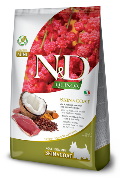 Farmina N&D Quinoa Dog Skin&Coat Canard, Noix de coco et Curcuma pour chiens adultes de très petite taille, sac de 2,5 kg
