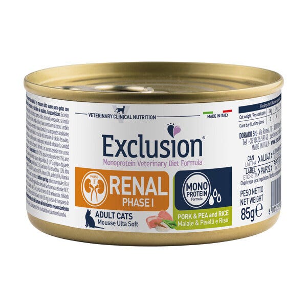 Exclusion Monoprotein Veterinary Diet Formula Renal Phase I Porc, Pois et Riz - Nourriture humide pour chats 85 g