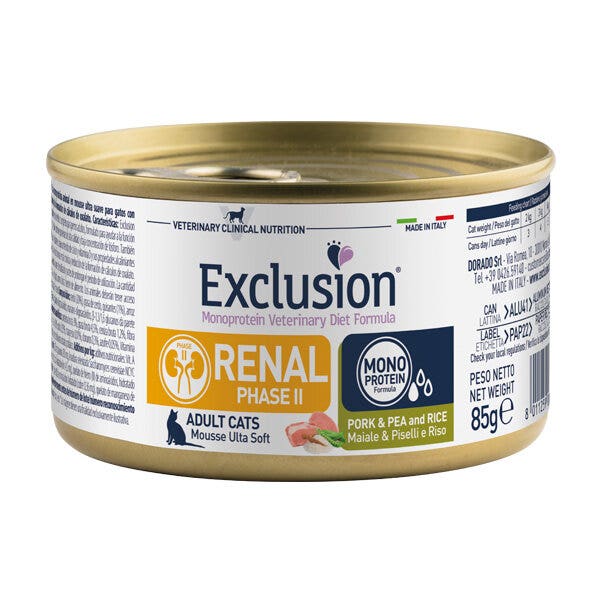 Exclusion Monoprotein Veterinary Diet Formula Renal Phase II Porc, Pois et Riz, Aliment humide pour chats, 85 g